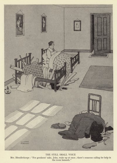 Na miłość boską, John, obudź się natychmiast; w pokoju pod nami ktoś woła o pomoc. autorstwa William Heath Robinson