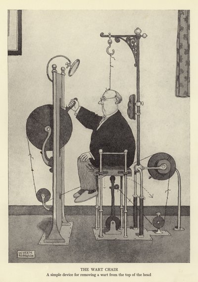 Krzesło na brodawki, proste urządzenie do usuwania brodawki z czubka głowy autorstwa William Heath Robinson