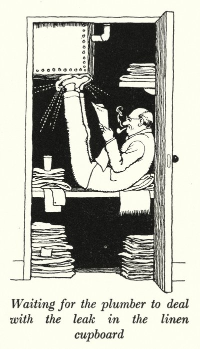 Czekam, aż hydraulik upora się z przeciekiem w szafce na bieliznę (lito) autorstwa William Heath Robinson
