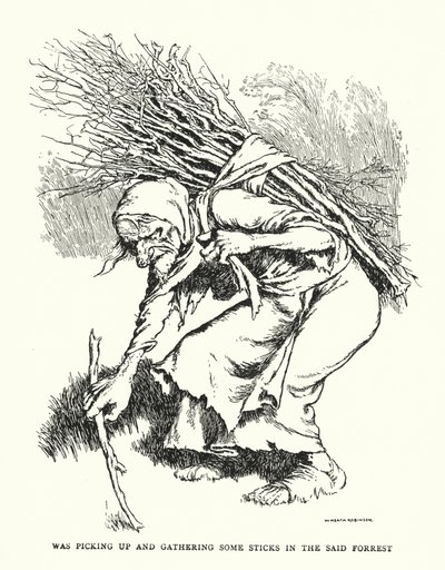 Podnosił i zbierał patyki we wspomnianym lesie (lito) autorstwa William Heath Robinson