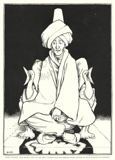 To, co bardzo go ucieszyło, to widok Abou Hassana wypełniającego swój tron z niemal taką samą powagą jak on sam (rycina) autorstwa William Heath Robinson