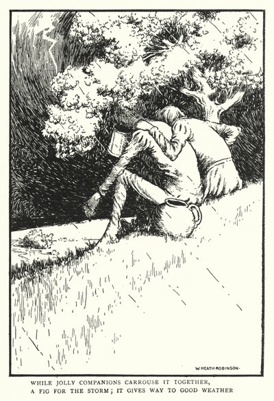 Podczas gdy wesoły towarzysze niosą go razem, figa na burzę, ustępuje dobrej pogodzie (litos) autorstwa William Heath Robinson