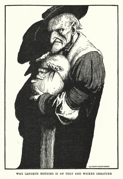 Kto niczego nie pożycza, jest brzydkim i niegodziwym stworzeniem (lito) autorstwa William Heath Robinson