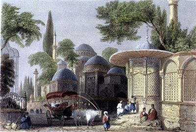 Fontanna i meczet Chahzade, rytowane przez Robertsa Sandsa (1792-1855) c.1850 (akwatinta) autorstwa William Henry (after) Bartlett