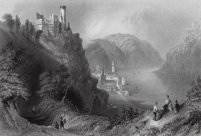 Oberwesel i zamek Schomberg (rycina) autorstwa William Henry (after) Bartlett