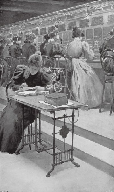W pracy w pokoju telefonicznym (litografia) autorstwa William Henry (after) Margetson