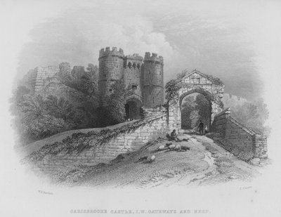 Zamek Carisbrooke, Wyspa Wight, Bramy i Twierdza (grawerowanie) autorstwa William Henry Bartlett
