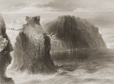 Most linowy Carrick-a-Rede, hrabstwo Antrim, Irlandia Północna, z książki "Scenery and Antiquities of Ireland" George