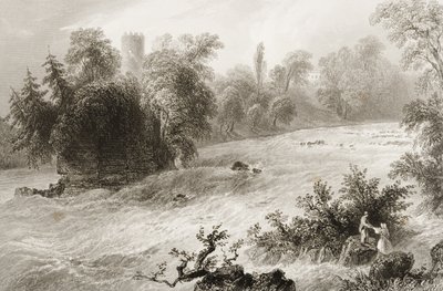 Castleconnell i Doonass Rapids, hrabstwo Limerick, Irlandia, z „Scenery and Antiquities of Ireland” George