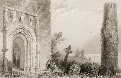 Drzwi do świątyni, Clonmacnois, hrabstwo Offaly, Irlandia, z „Krajobrazy i starożytności Irlandii” George