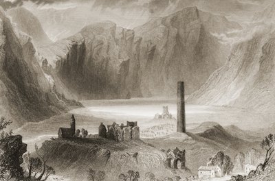 Glendalough, hrabstwo Wicklow, Irlandia, z „Krajobrazy i starożytności Irlandii” George