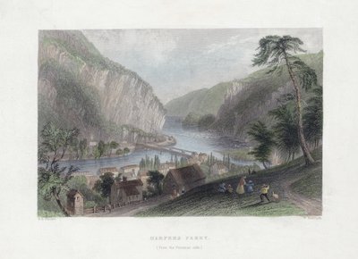 Harpers Ferry (od strony Potomac), wyd. 1839 (ręcznie kolorowane grawerowanie) autorstwa William Henry Bartlett