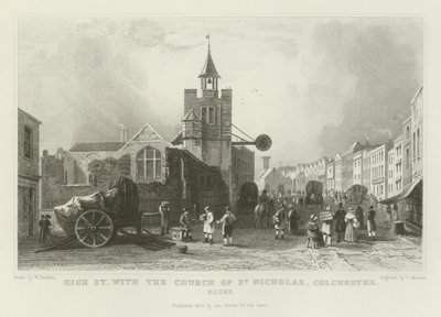 Główna ulica z kościołem św. Mikołaja, Colchester, Essex autorstwa William Henry Bartlett