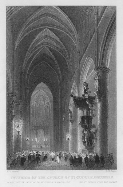 Wnętrze kościoła św Gudule, Bruksela (rycina) autorstwa William Henry Bartlett