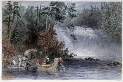 Mężczyźni w kajakach przy przejściu potoku przez osadników – w „”kanadyjskiej scenerii zilustrowanej” przez W.H. Bartlett, Londyn autorstwa William Henry Bartlett