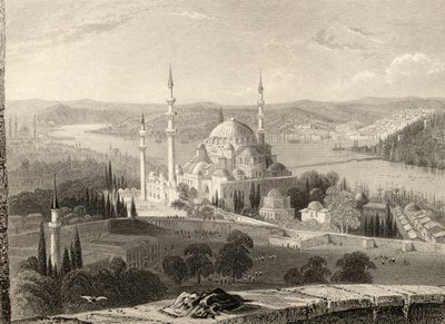 Meczet i Grobowiec Sulejmana, z Wieży Seraskiera, Stambuł, Turcja, grawerowane przez H. Adlarda autorstwa William Henry Bartlett