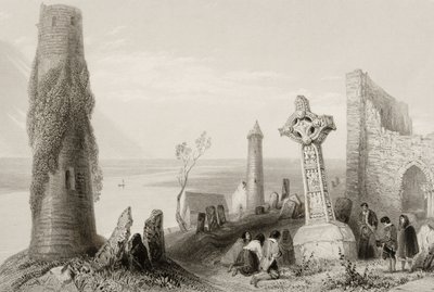Starożytny krzyż i okrągła wieża w Clonmacnois, hrabstwo Offaly, Irlandia, z „Krajobrazy i starożytności Irlandii” (patrz 131074) autorstwa William Henry Bartlett
