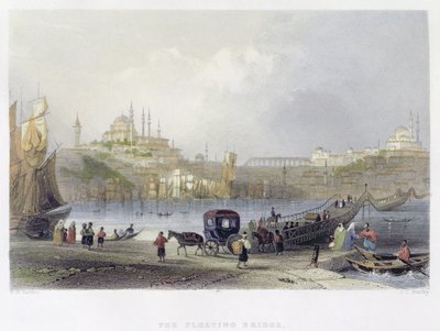Pływający most, Stambuł, ryty J.C. Bentley, c.1850 (akwatinta) autorstwa William Henry Bartlett