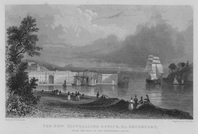 Nowe biuro zaopatrzenia itp., Devonport, z tyłu domu rządowego (rycina) autorstwa William Henry Bartlett
