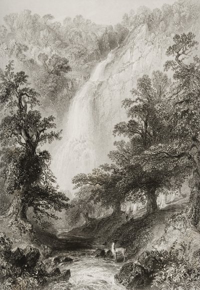 Wodospad, Powerscourt, hrabstwo Wicklow, Irlandia, z „Krajobrazy i starożytności Irlandii” George