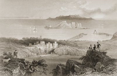 Widok zamku Howth, hrabstwo Dublin, Irlandia, z „Scenery and Antiquities of Ireland” George