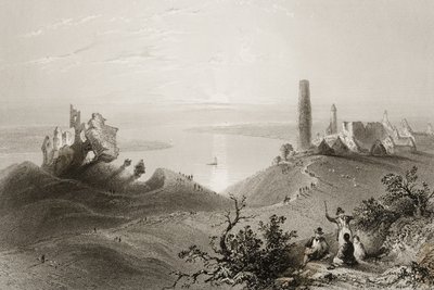 Widok na „Siedem kościołów Clonmacnois”, hrabstwo Offaly, Irlandia, z „Krajobrazy i starożytności w Irlandii” George