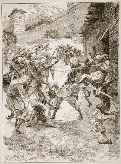Porucznik Harley, na czele czterdziestu Sikhów i sześćdziesięciu Kaszmirczyków, wtargnął do domu nad ujście kopalni, ilustracja z „Bitwy XIX wieku” Archibalda Forbesa, G.A. Henta i autorstwa William Henry Charles Groome