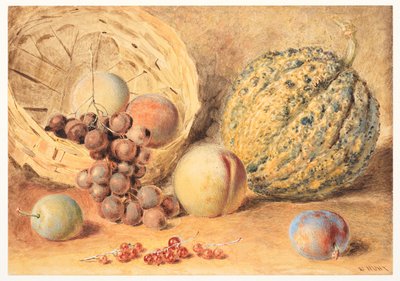Kosz z melonem, brzoskwiniami, winogronami i śliwkami, ok. 1804 r. (grafit, akwarela z dodatkiem gumy arabskiej, kolor nadwozia i wydrapywanie na tkanym papierze) autorstwa William Henry Hunt