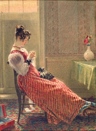 Lady Sewing, ok. 1830 r. (akwarela na papierze) autorstwa William Henry Hunt