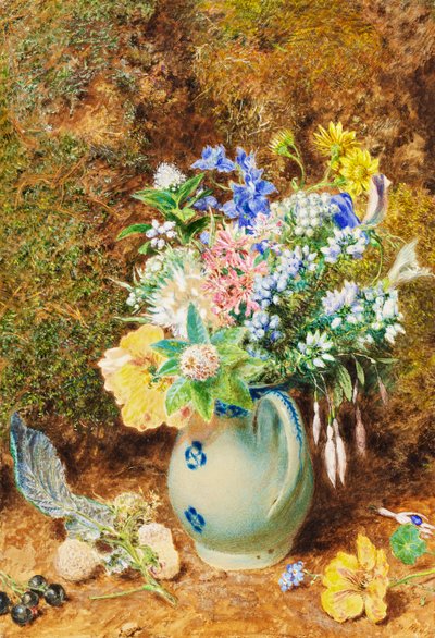 Bladoniebieski porcelanowy dzbanek z wrzosowiskami i małymi kwiatami, ok. 1860 r autorstwa William Henry Hunt