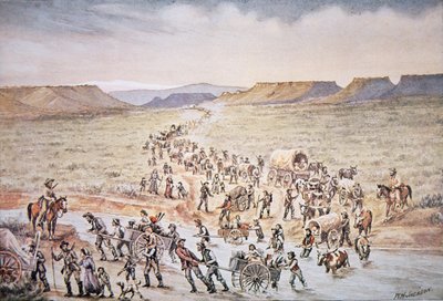 Mormoni pionierzy wózków ręcznych zmierzający na zachód do Utah w 1850 r. (kolor lito) autorstwa William Henry Jackson