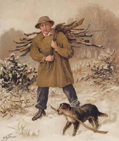 Mężczyzna i pies zbierający drewno na opał (chromolit) autorstwa William Henry James (after) Boot
