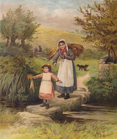 Kobieta i dziewczynka przechodzące przez strumień po kamieniach (chromolitho) autorstwa William Henry James (after) Boot