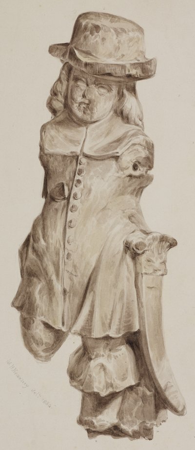 Rzeźbiona postać w dębie, kiedyś w drzwiach domu zbudowanego na miejscu Boars Head Tavern, Eastcheap, 1834 (wash on paper) autorstwa William Henry Kearney