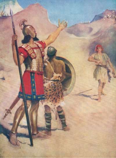 Dawid i Goliat, z The Bible Picture Book wydanej przez Thomasa Nelsona, ok. 1950 autorstwa William Henry Margetson