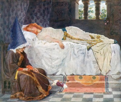 Jej oczy były zamknięte, a włosy dotknięte słońcem leżały jak złote nitki na śnieżnej poduszce autorstwa William Henry Margetson