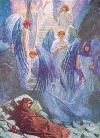 Sen Jacobsa, z The Bible Picture Book wydanej przez Thomas Nelson, ok. 1950 r. autorstwa William Henry Margetson