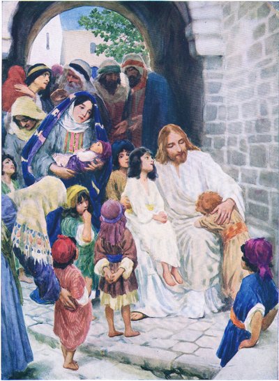 Jezus i dzieci, z The Bible Picture Book wydanej przez Thomasa Nelsona, ok. 1950 autorstwa William Henry Margetson