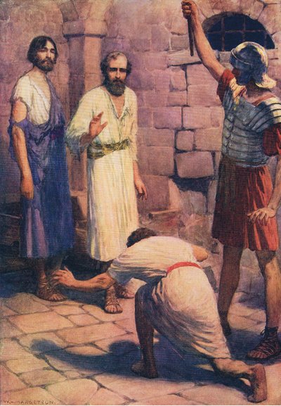 Paweł i Sylas w więzieniu, z The Bible Picture Book wydanej przez Thomasa Nelsona, ok. 1950 autorstwa William Henry Margetson