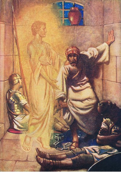 Piotr uwolniony z więzienia, z The Bible Picture Book wydanej przez Thomas Nelson, ok. 1950 r. autorstwa William Henry Margetson