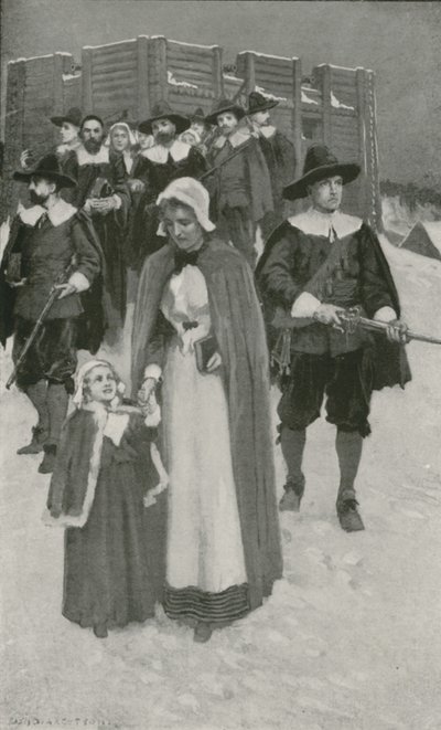 Dzień szabatu z Ojcami Pielgrzymami w ich pierwszej osadzie w New Plymouth autorstwa William Henry Margetson