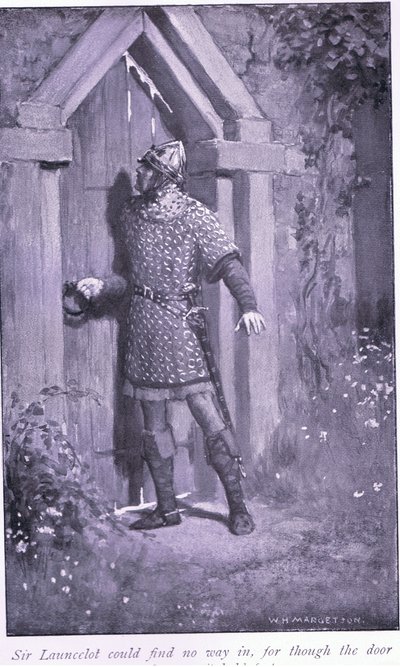 Sir Launcelot nie mógł znaleźć drogi do środka, bo choć drzwi były stare i zużyte, trzymały się mocno autorstwa William Henry Margetson