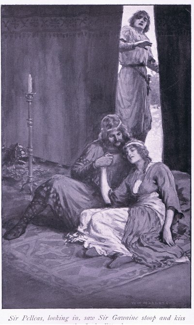 Sir Pelleas zajrzał do środka i zobaczył, jak sir Gawaine pochyla się i całuje panią Ettard autorstwa William Henry Margetson