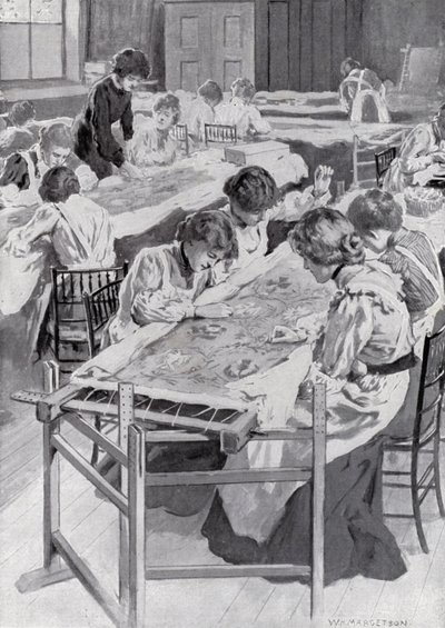Uczniowie Królewskiej Szkoły Sztuk Pięknych Haftowanie Królewskiej Szaty Koronacyjnej autorstwa William Henry Margetson