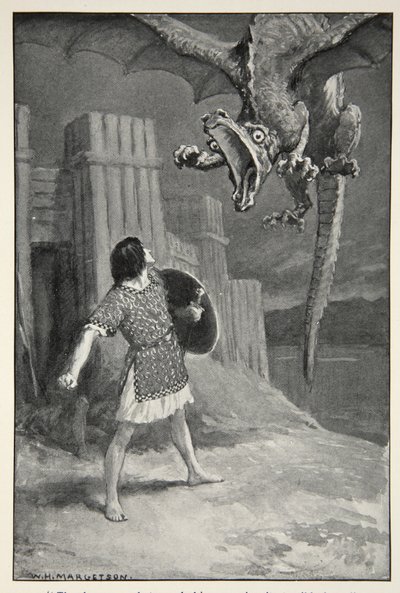 Smok opadł na niego, otwierając straszliwe szczęki, z „Hero Myths and Legends of the British Race” autorstwa M.I. Przypływ, 1910 autorstwa William Henry Margetson