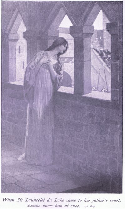 Kiedy sir Launcelot du Lake przybył na dwór jej ojca, Elaine znała go od razu… autorstwa William Henry Margetson