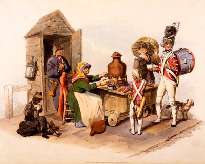 Sprzedawca Sallop serwujący gorące napoje, z filmu „Kostiumy Wielkiej Brytanii”, 1808 r. autorstwa William Henry Pyne