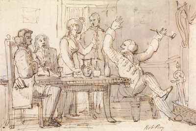 Ilustracja do Roba Roya: Wnętrze z imprezowym piciem autorstwa William Henry Pyne