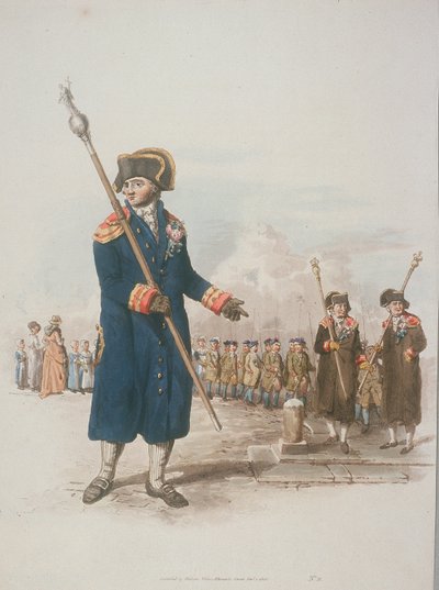 Parafia Beadle w stroju obywatelskim trzymająca laskę, 1805 autorstwa William Henry Pyne