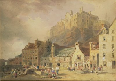 Zamek w Edynburgu z targu Grass, ukazujący port Little West, ok. 1820 (wc i sepia) autorstwa William Henry Stothard